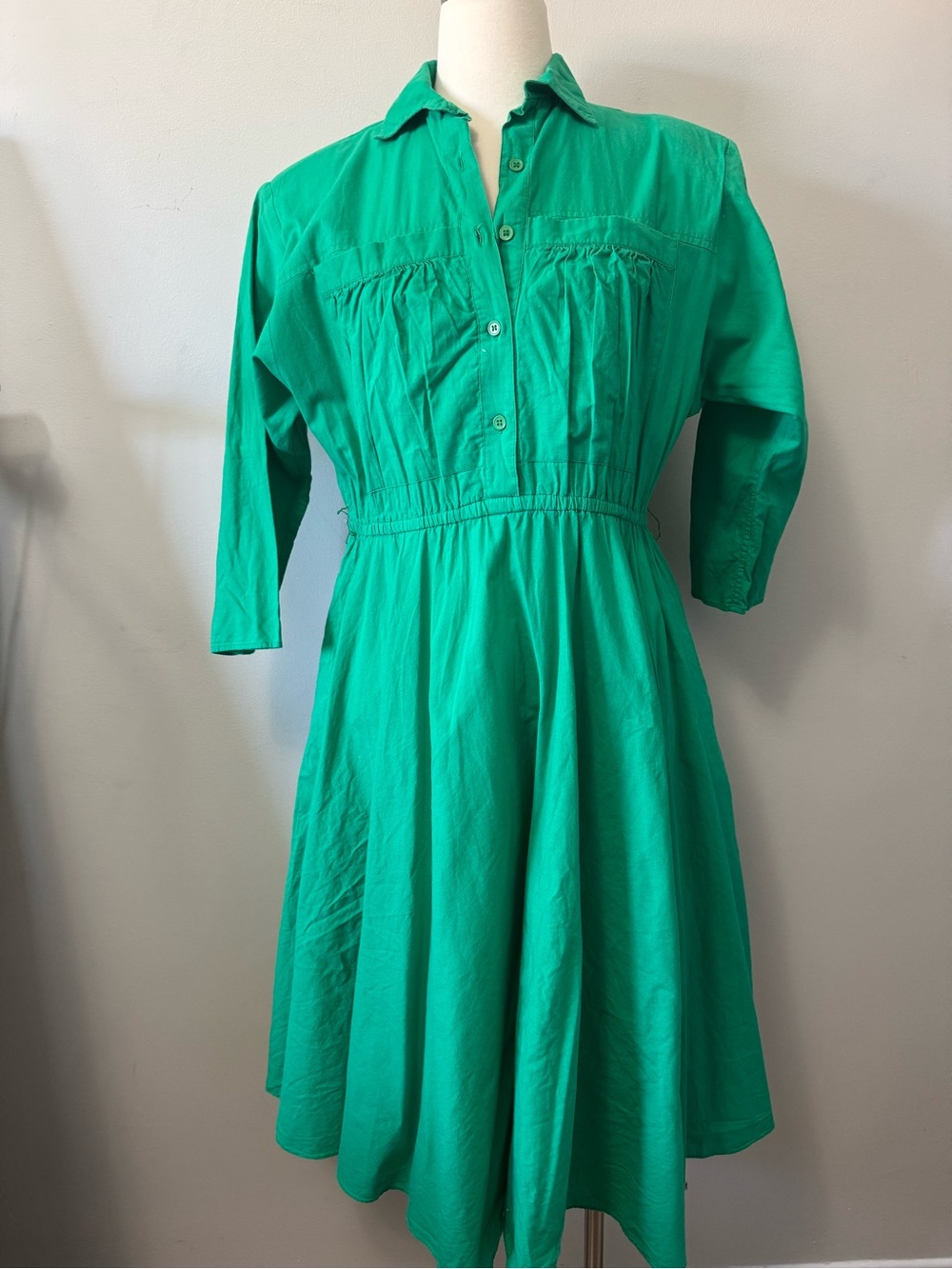 Vintage Algo Emerald Green Collared Long-Sleeve Fit & Flare Dress Large